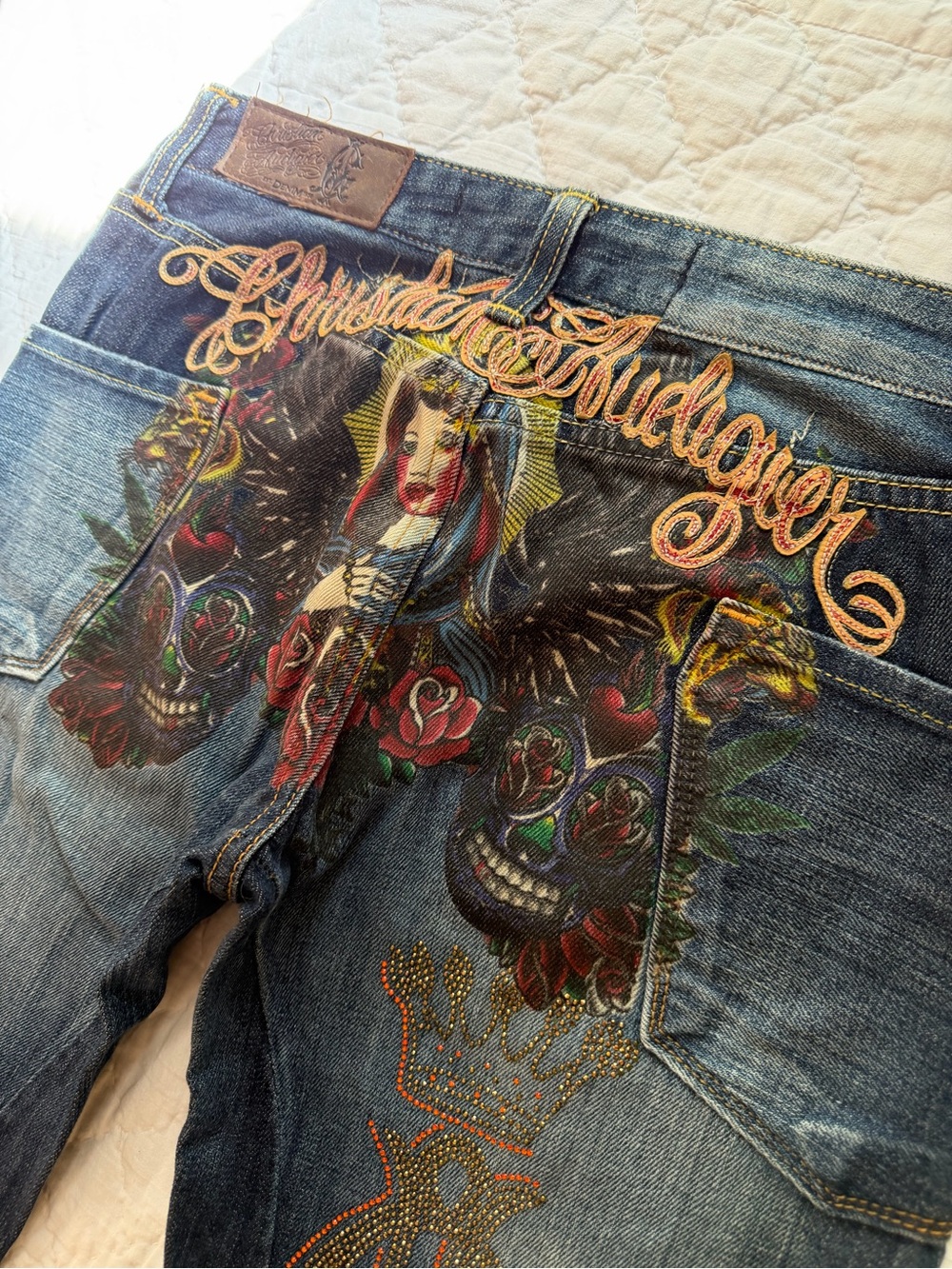 Christian Audigier Embroidered Denim Jeans with Multicolor Graphic